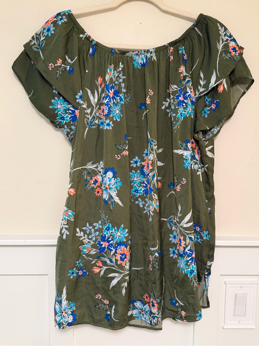 Size 0X (14W)- Terra & Sky Olive Green/Blue Floral Elastic Off-Shoulder Blouse